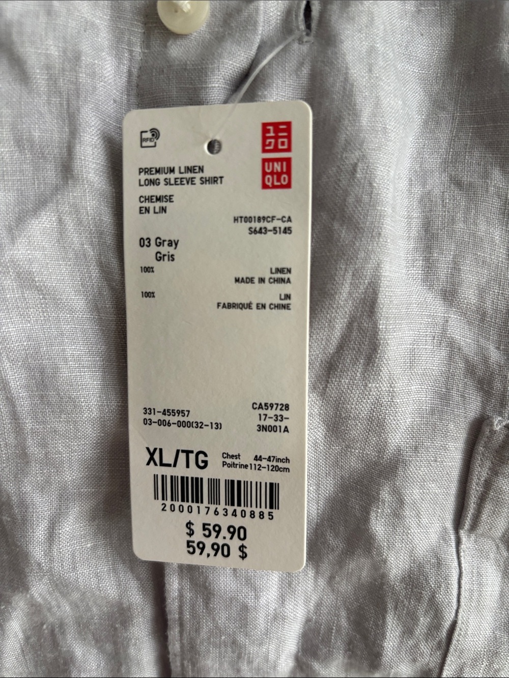 UNIQLO Men's Light Gray Linen Button-Up Shirt - Picture 5 of 6